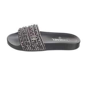 Chanel 2017 Interlocking CC Tweed Slides Chain Logo Sandals 41